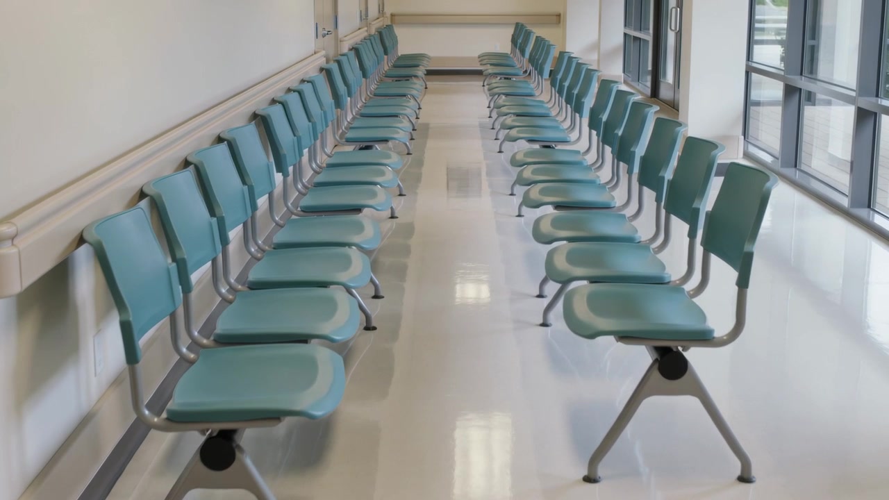 Cámara en movimiento deslizándose a la derecha, revelando sillas de espera dobles de color verde azulado en una clínica para mostrar asientos vacíos.