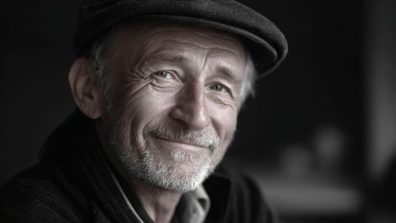 Ein älterer Mann mit einem warmen Lächeln und charmanter Ausstrahlung strahlt Weisheit und Güte aus, festgehalten in einem nachdenklichen Moment, der Jahre an Lebenserfahrung und Geschichten widerspiegelt.
