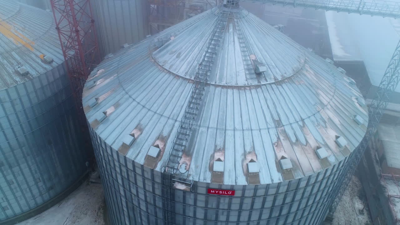 Aerial View of Grain Silos in Winter