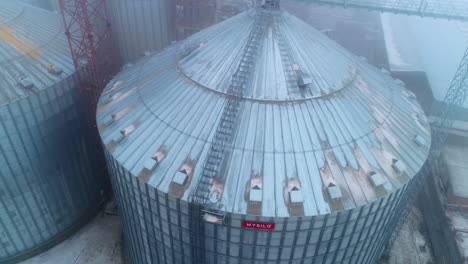aerial view of grain silos in winter