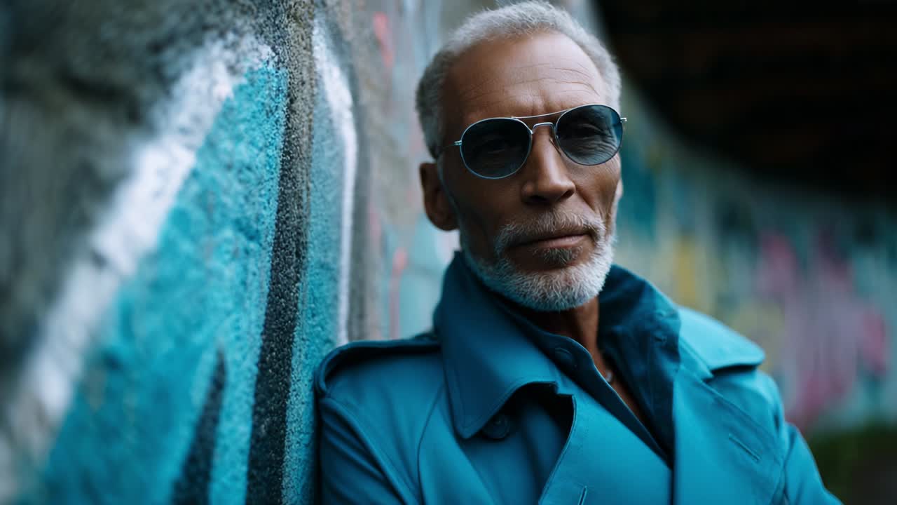 A Distinguished Elderly Man in Sunglasses and a Stylish Blue Coat Posed Against a Colorful Graffiti Wall, Exuding Confidence and Charisma in an Urban Setting, Captured in a Thoughtful Moment