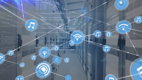 Animation of network of connections with icons and data processing over server room