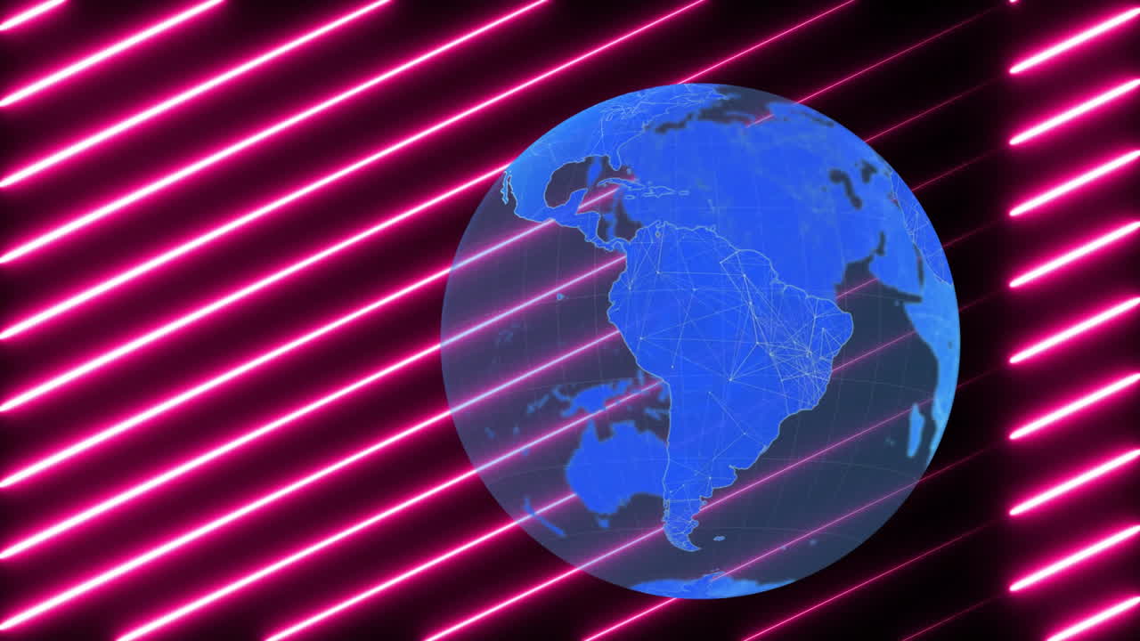 Rotating globe with network connections animation over pink diagonal lines background