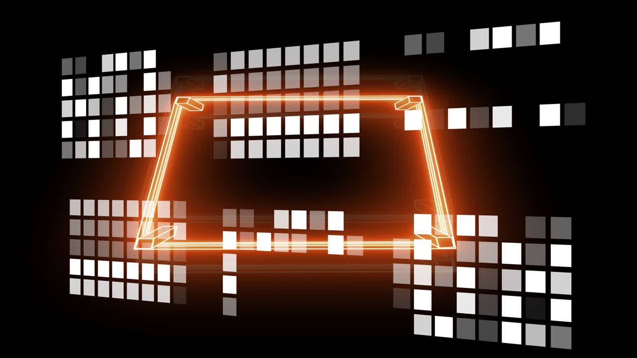 Glowing orange geometric shape with digital animation patterns on black background