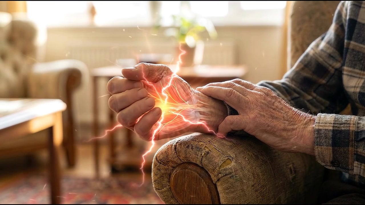 Seniorperson opplever håndsmerter med visualisert nerveubehag