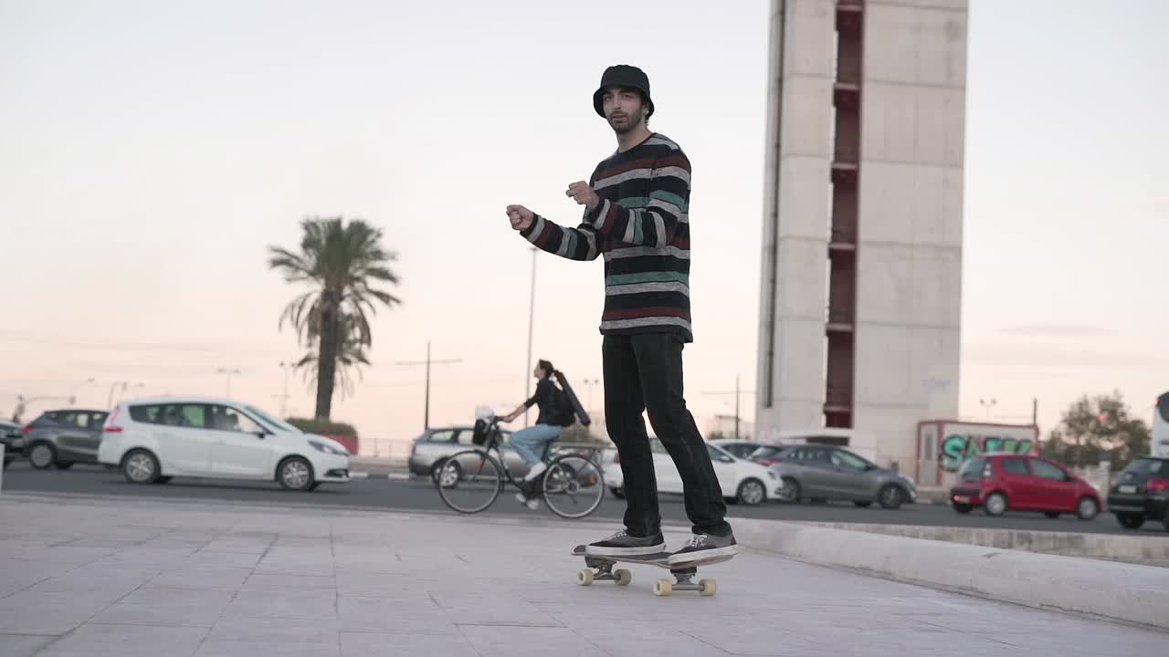 Skateboarding in a city street scene