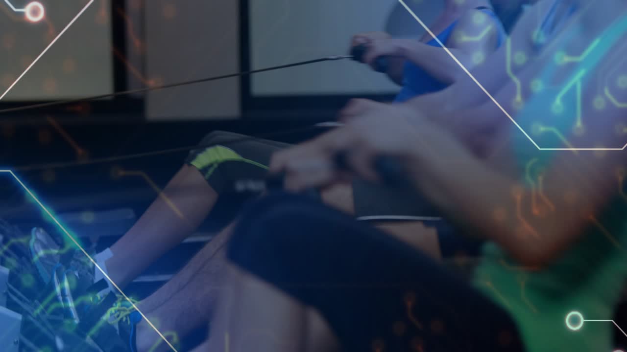 Group rowers after first pull, performing syncing strokes for fitness, tech overlay showing metrics