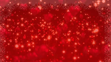Animation-of-heart-icons-and-spots-of-light-over-decorative-red-background-with-copy-space