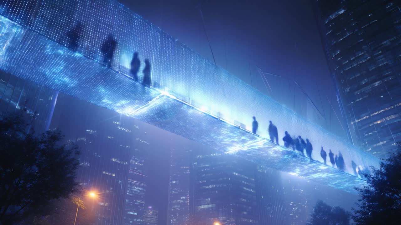 A Striking Contrast of Light and Shadow: Individuals Crossing a Futuristic, Luminescent Bridge Suspended Above a Dense Urban Landscape, Enveloped in a Dreamlike Misty Ambiance by Night