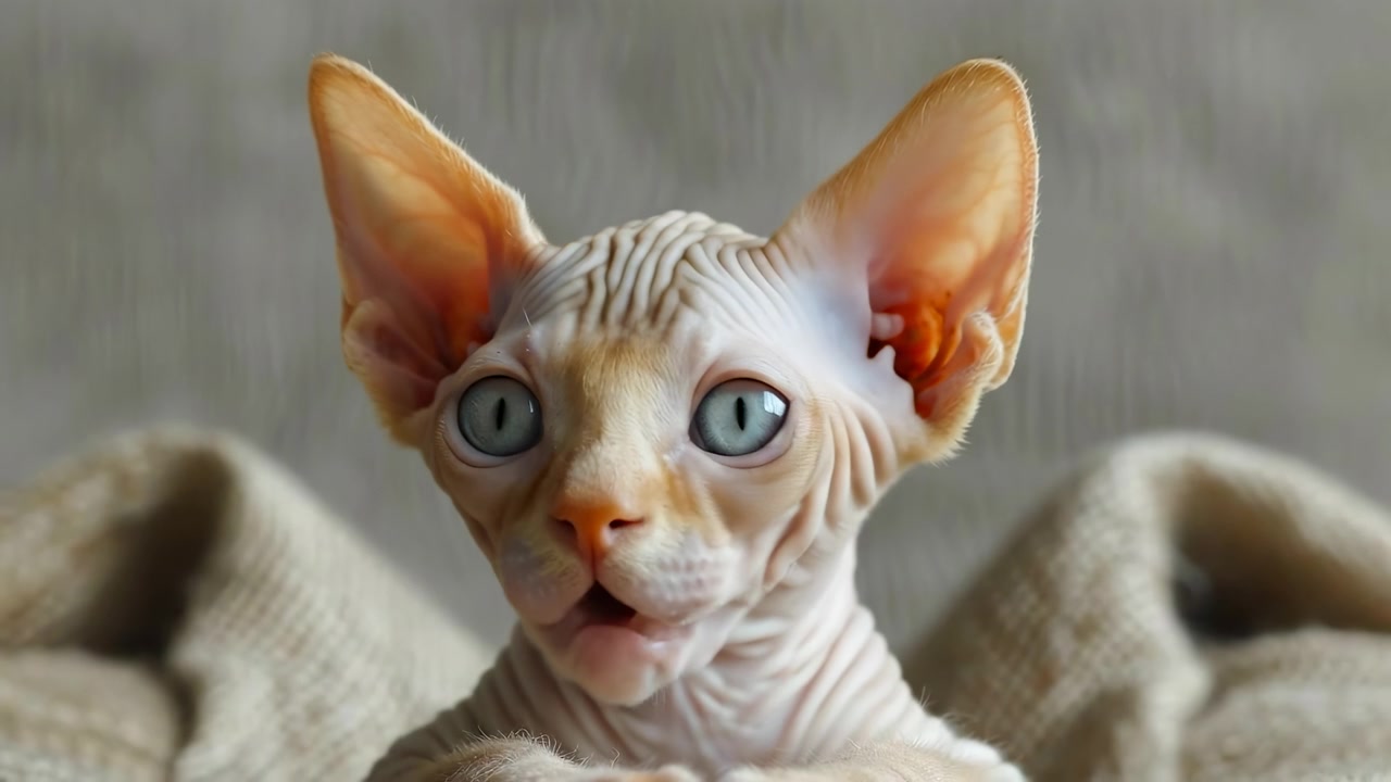 Gatto sphynx senza pelo con uno sguardo sorpreso e occhi spalancati. Ritratto ravvicinato di un gatto sphynx senza pelo con occhi spalancati e bocca aperta su uno sfondo testurizzato