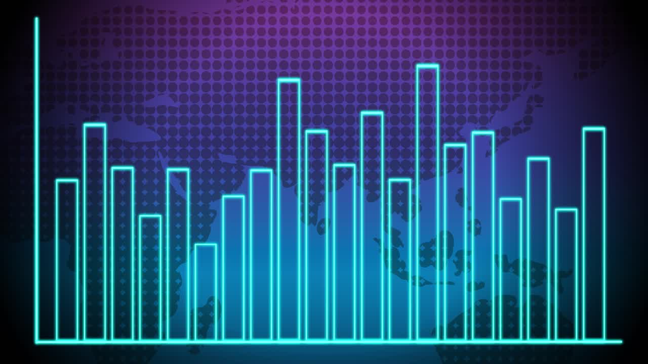 Neon blue bar graph animates upward on a purple digital map background, simulating financial growth