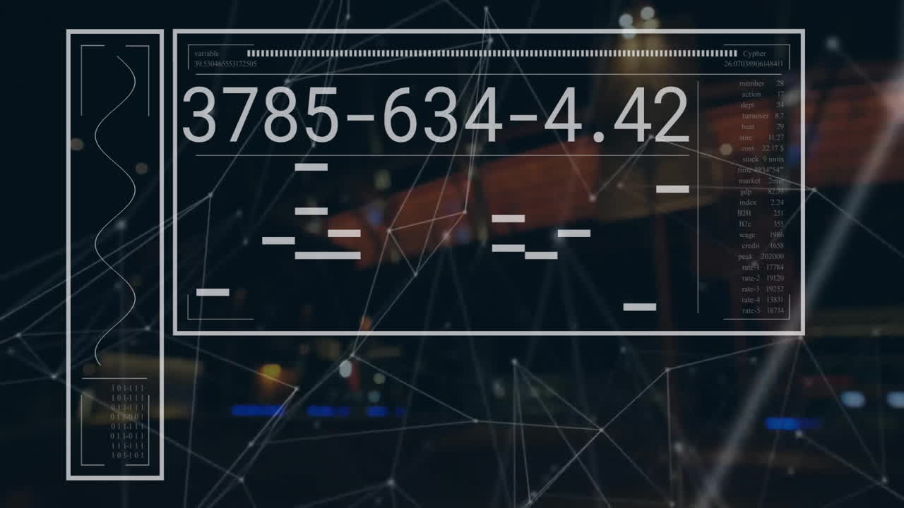 Animation of network of connections with data processing over night city