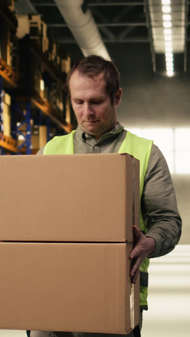 Vertical Video Man Staff Member Carrying Boxes And Checking Cargo Details In Industrial Depot