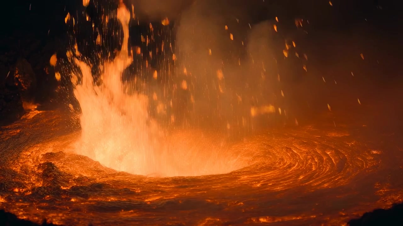 Pozza di lava vorticosa con un'ondata di pressione, fontana eruttiva e goccioline incandescenti che schizzano nel cratere.