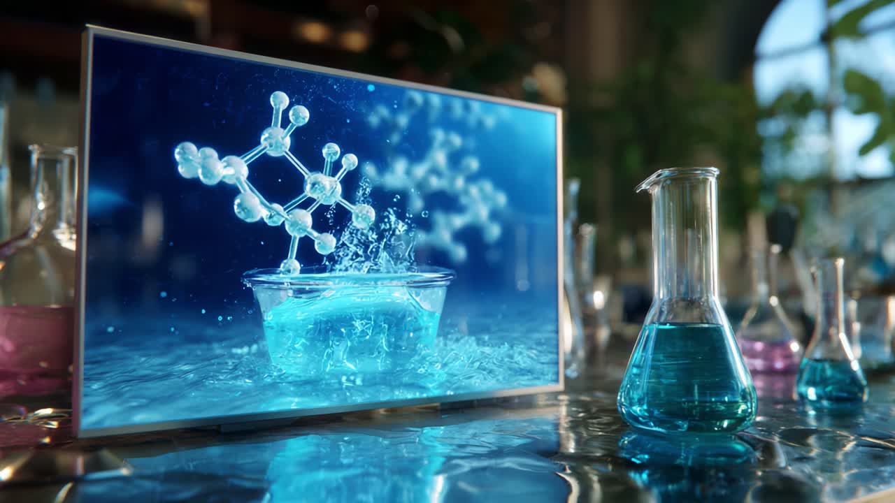Dynamic Chemical Reaction Captured: A Mesmerizing Display of Molecular Interaction in a Laboratory Setting, Showcasing a Vibrant Blend of Colors and Elements in a Beaker and Screen Imagery