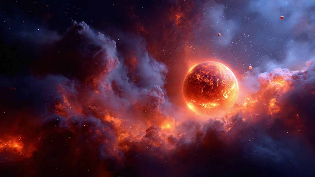 A Spectacular Cosmic Scene Showcasing a Fiery Planet Surrounded by Celestial Clouds and Distant Spheres in a Vast, Starry Universe