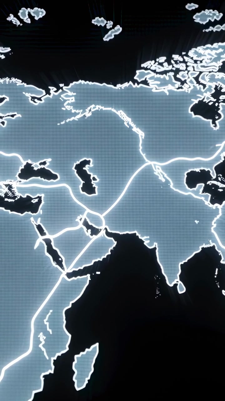 Vertical video: Animating glowing map pulsing on dark screen, showing route lines and bright nodes