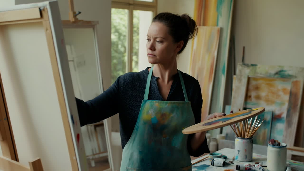 Vrouwelijke kunstenares schildert op canvas in haar atelier