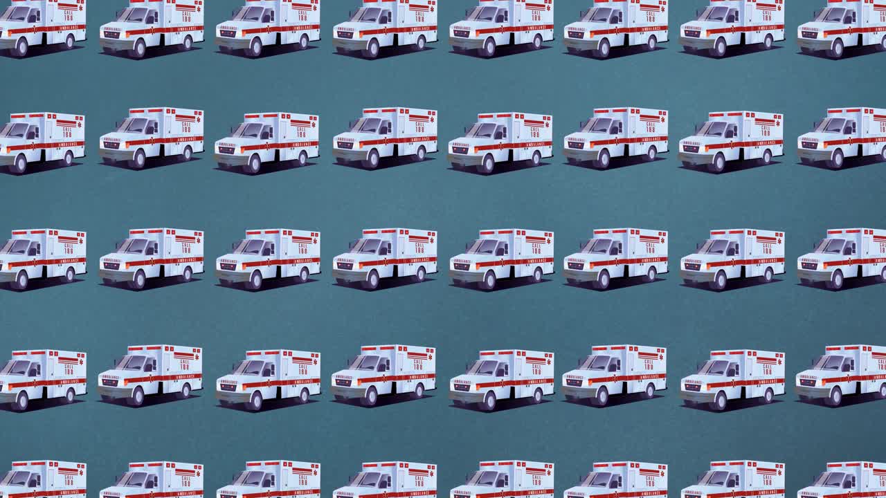 파란색 배경에 여러 개의 구급차 아이콘의 애니메이션