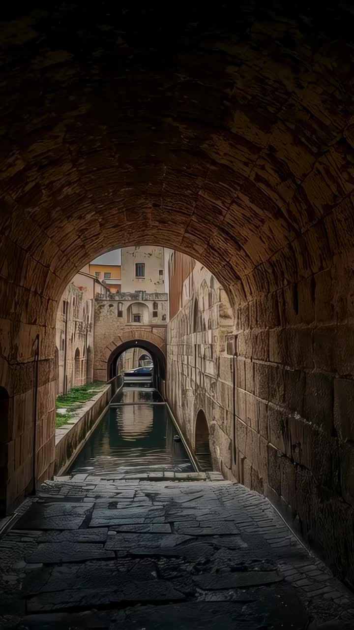 Vertical video: Moving camera revealing stone arch passage in canal corridor showing sunlit facades
