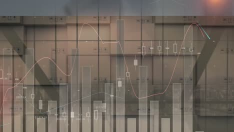 Animation-of-statistics-processing-over-stack-of-cardboard-boxes-in-background