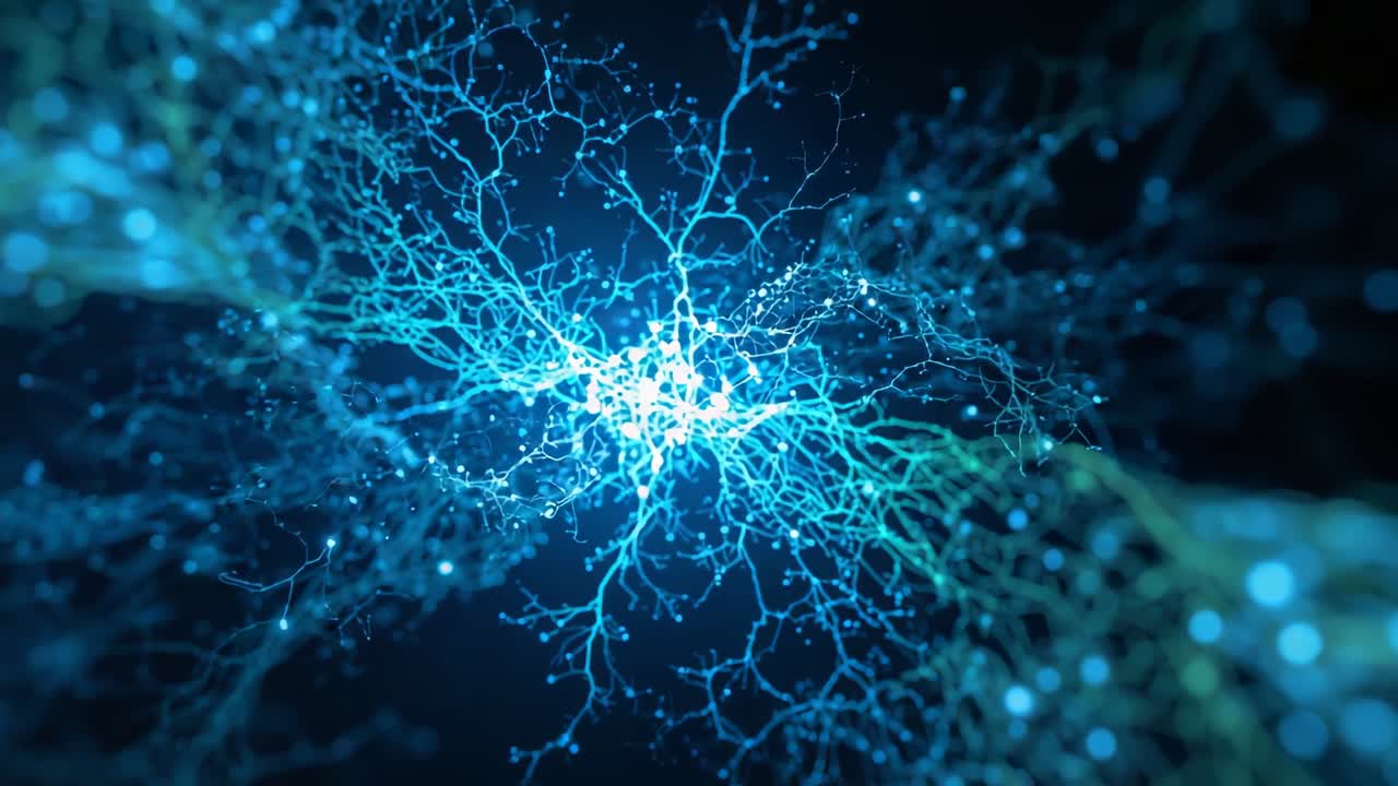 Brightening central network expanding in dark void, sending energy through filaments and particles