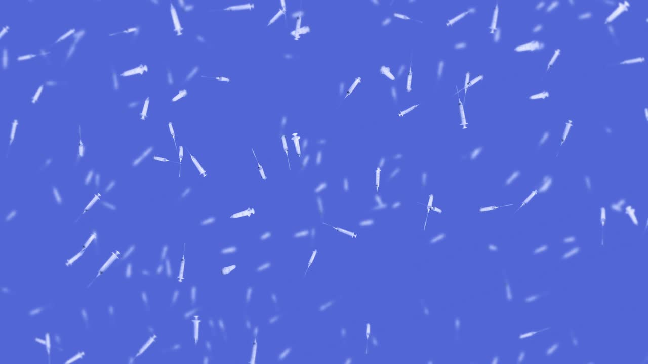 파란색 배경에 주사 할 수 있는 많은 주사기를 날리는 의료 개념 바이러스에 대한 백신 의료 치료 3d 루프 애니메이션