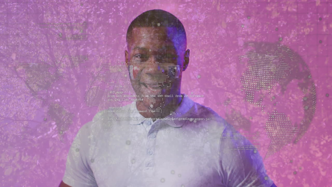 Digital animation of world map overlaying smiling man on pink background