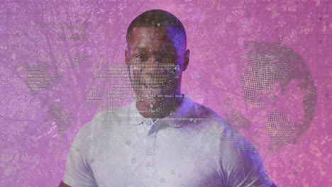 digital animation of world map overlaying smiling man on pink background
