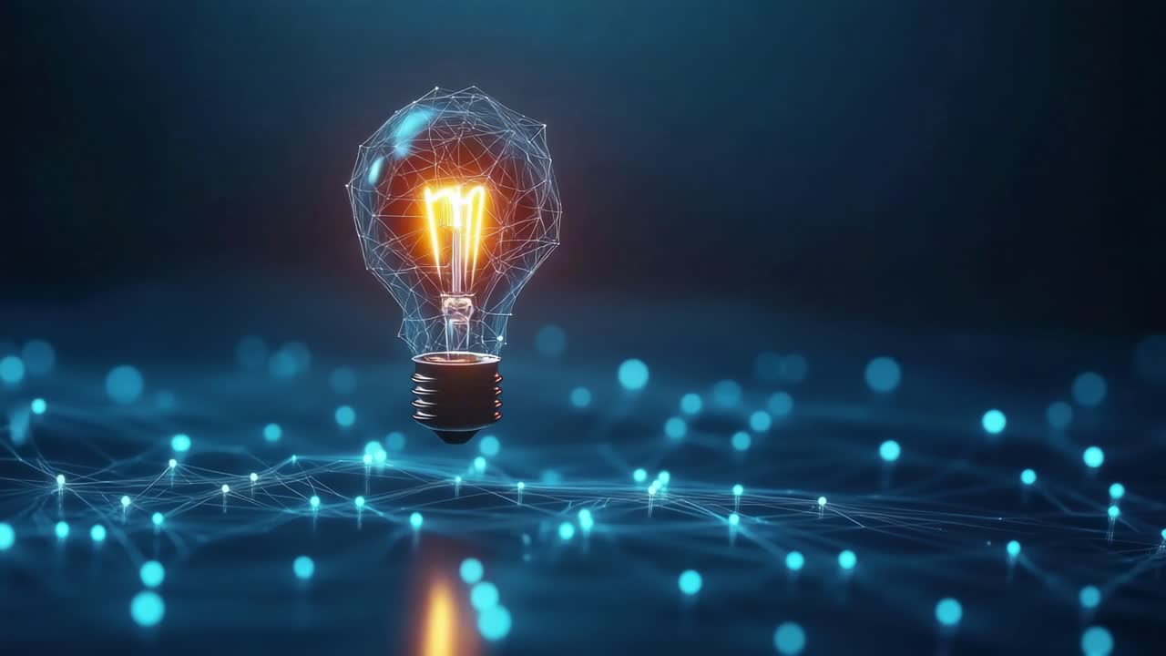 A glowing light bulb with a digital network overlay, viewed from a low angle