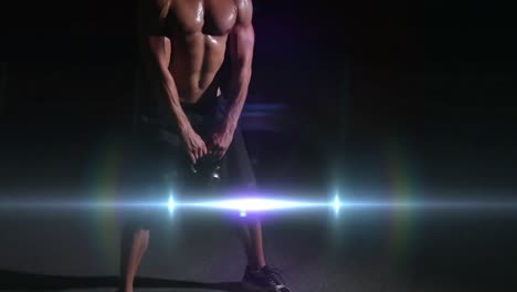 animation of caucasian man exercising with kettlebar in gym with blue light moving in the foreground