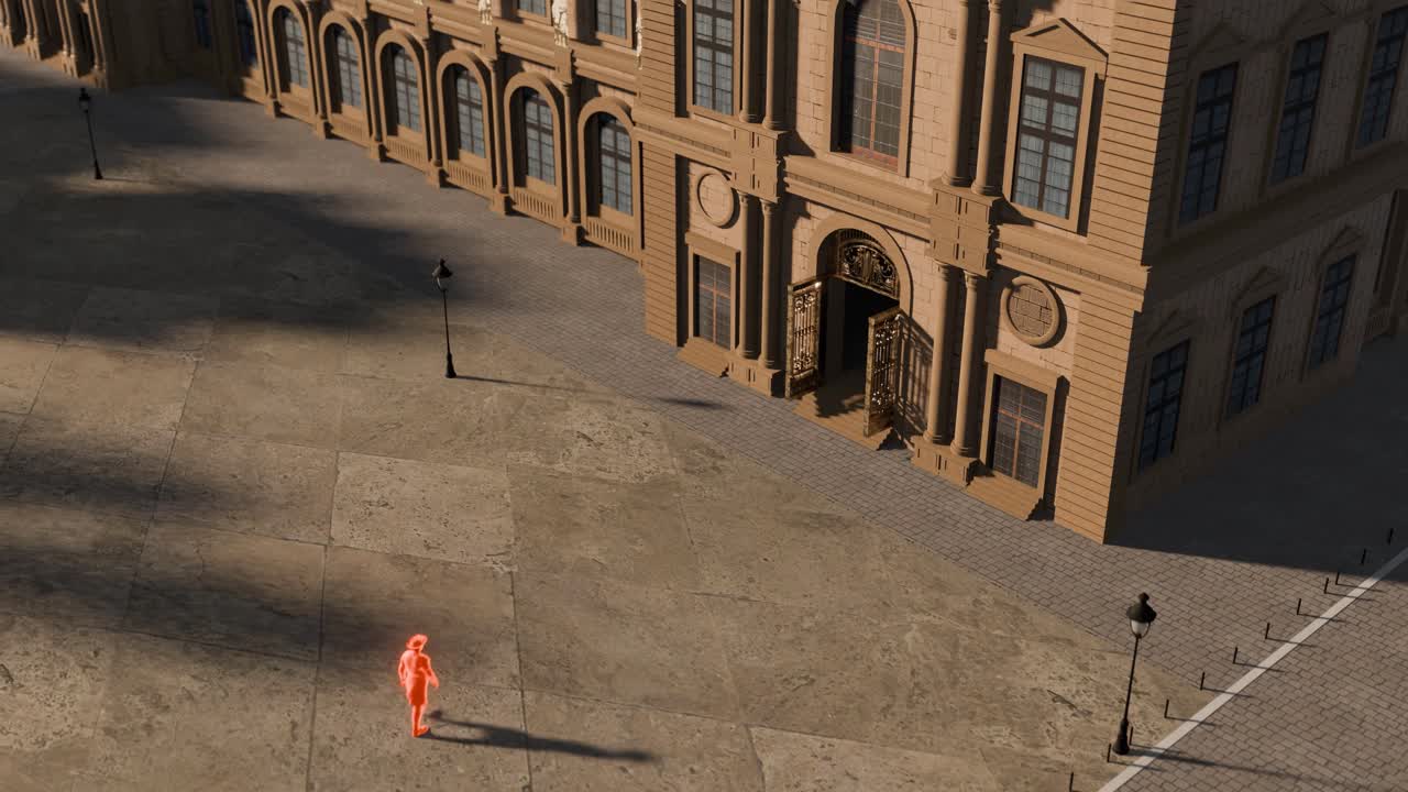 3D animation showing a red glowing figure stepping into a grand, antique building