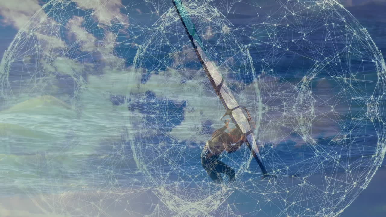 man windsurfing on choppy ocean, network sphere overlay illustrating technology theme for marketers