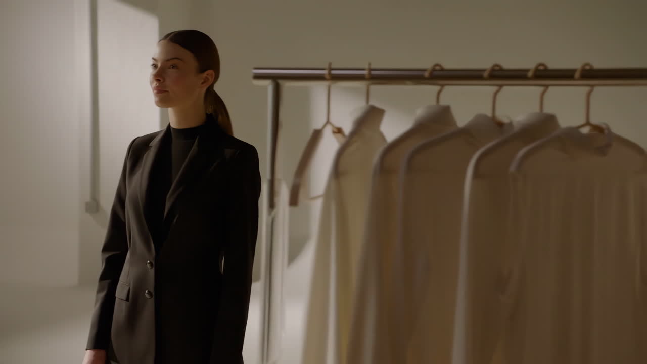 Woman in Blazer with Clothing Rack