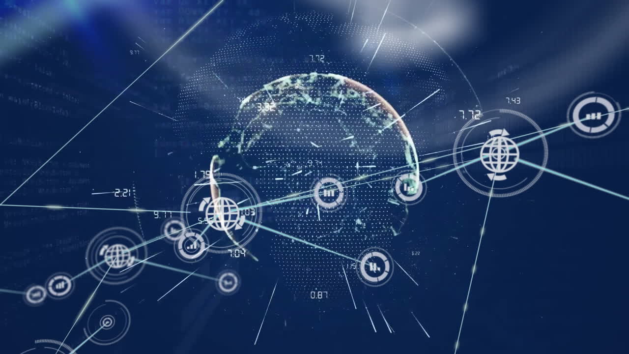 어두운 배경에 전 세계에 있는 아이콘으로 연결된 네트워크의 애니메이션