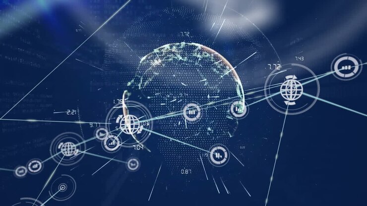Animation of network of connections with icons over globe on dark background