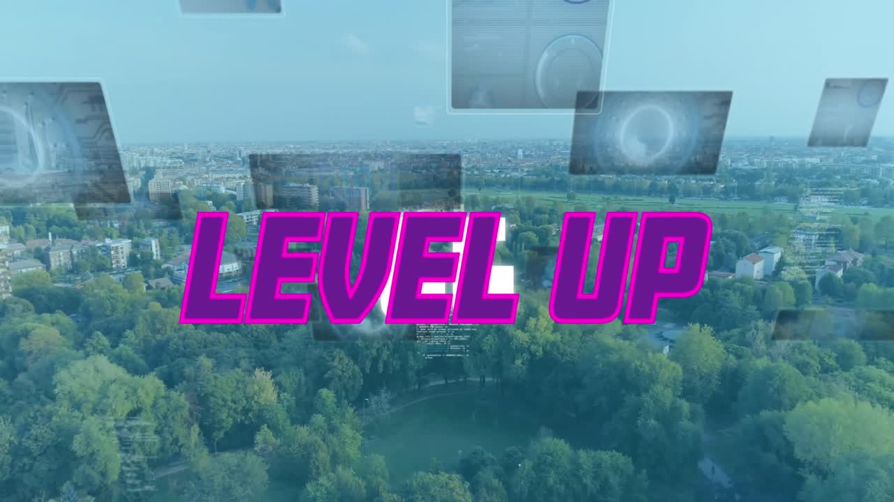 도시 풍경 위에서 텍스트 및 데이터 처리의 레벨 업 애니메이션