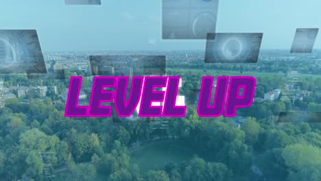 animation of level up text and data processing over cityscape