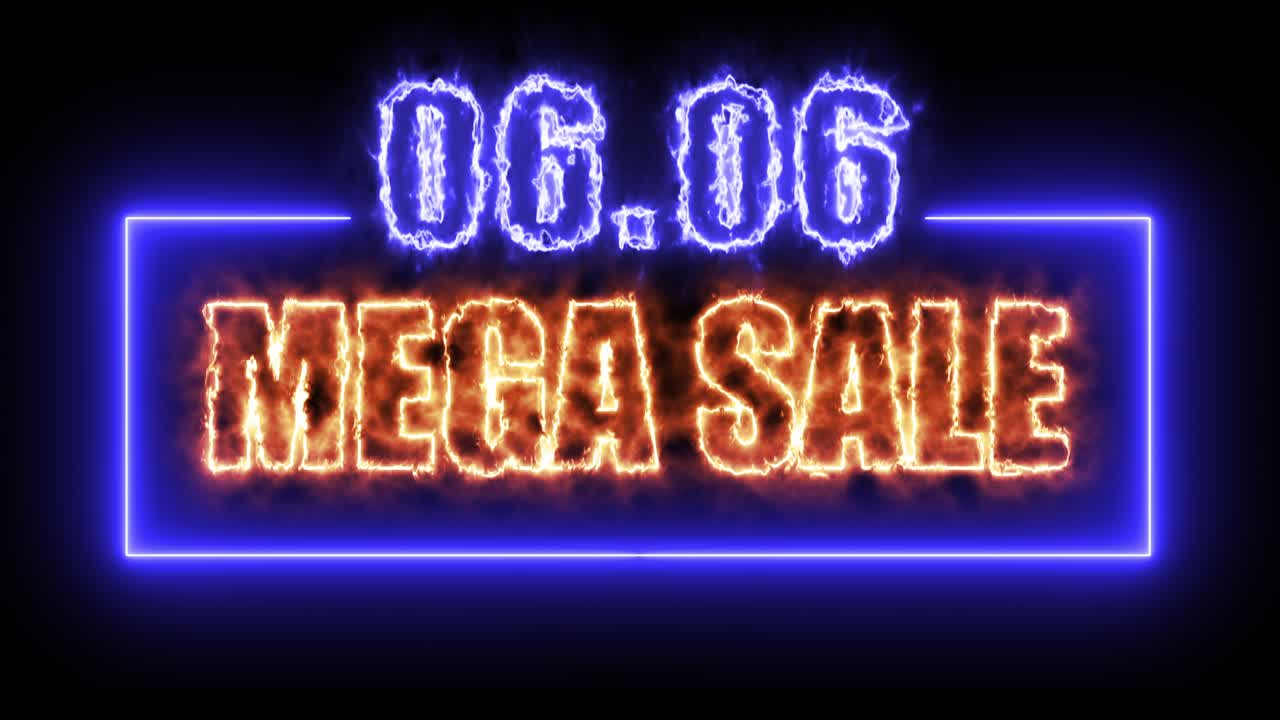 06.06 Mega saldi, banner con insegna al neon colorata su sfondo nero per promuovere un video. Concetto di promozione delle vendite del marchio