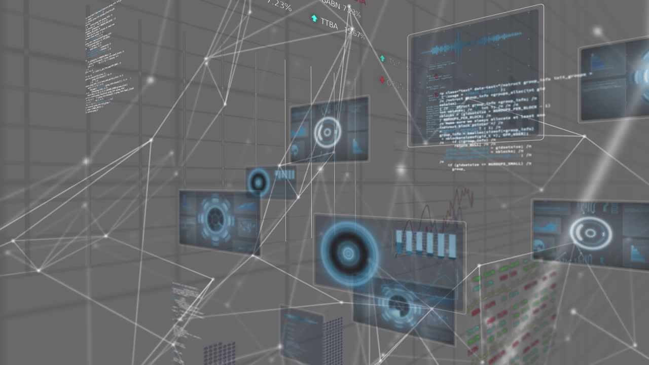 animación de la red de conexiones con iconos y procesamiento de datos sobre la sala de servidores