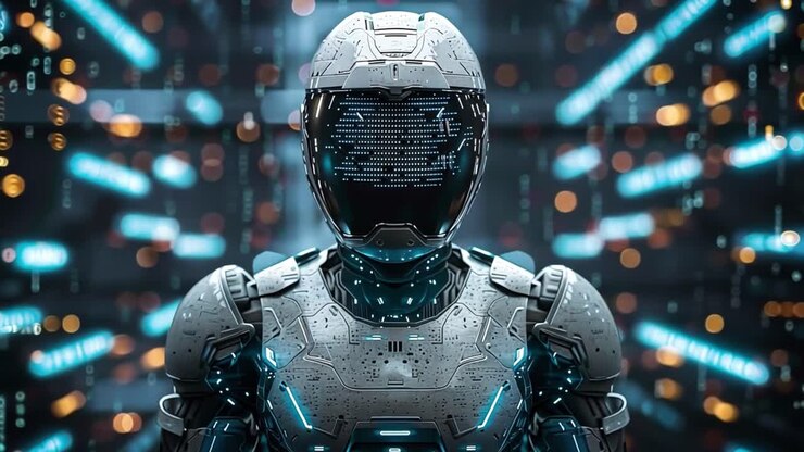 Robot futuristico con visiera digitale