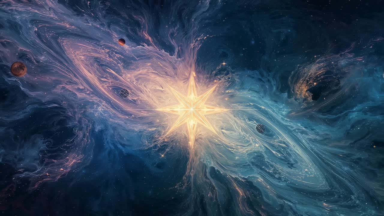 Opening cosmic vista revealing central star pulsing, nebulae swirling and planetary bodies drifting