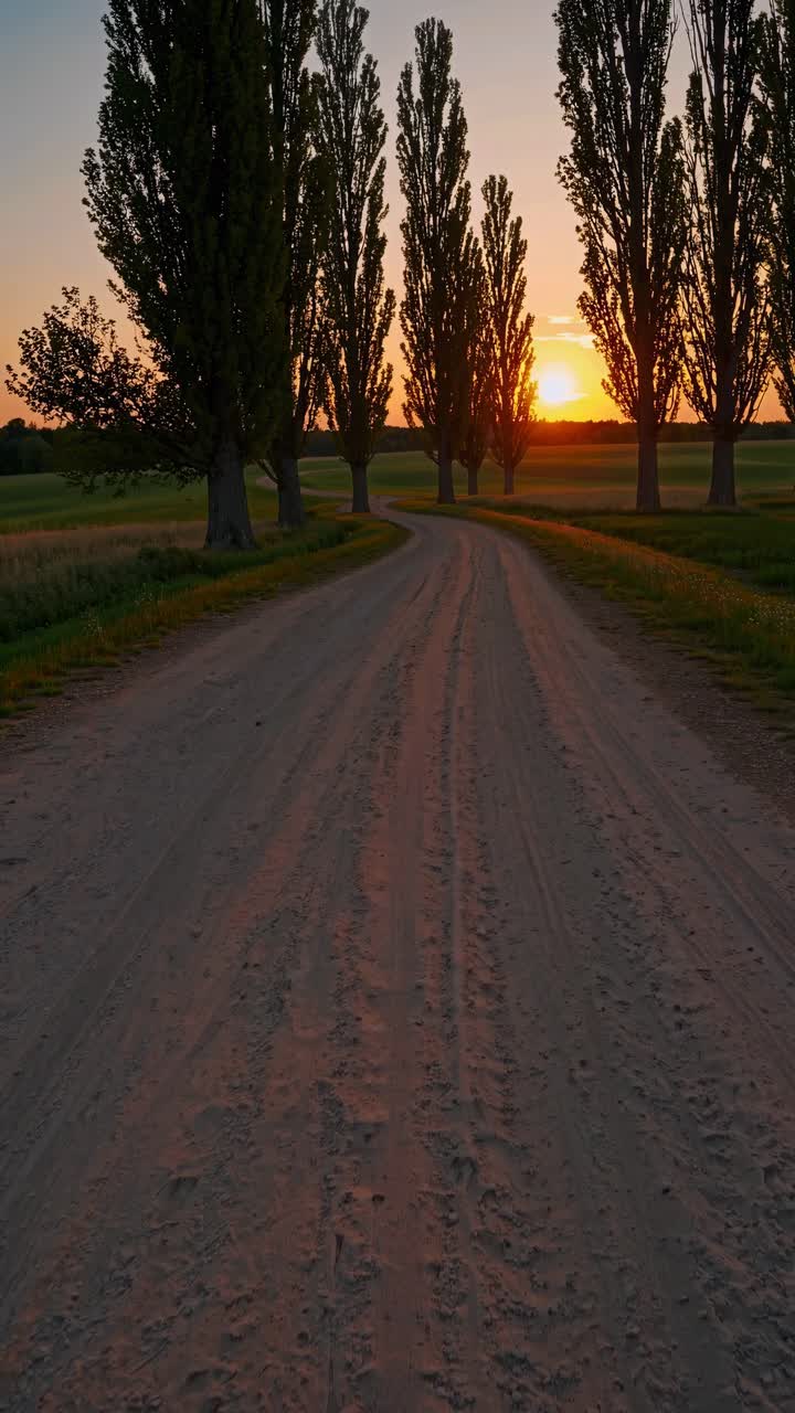 Un sereno video al tramonto riprende una strada sterrata tortuosa fiancheggiata da alberi ad alto fusto, ripresa da un angolo basso