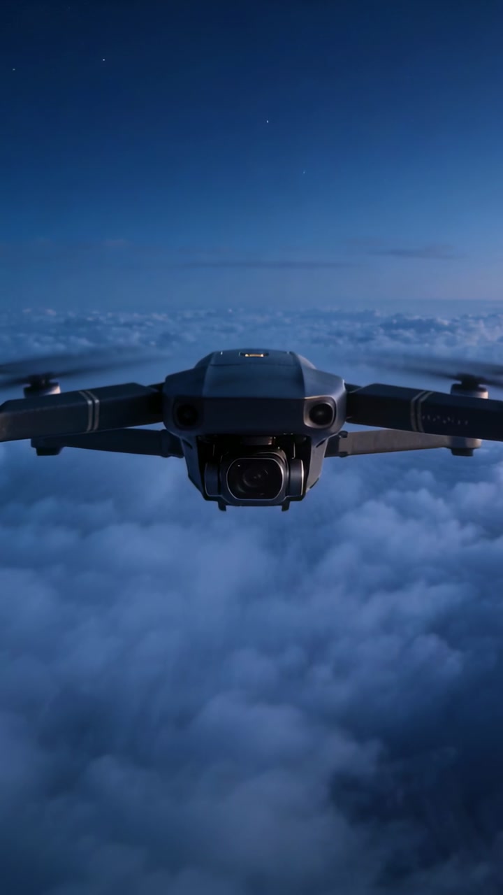 Vertical video: Flying drone moving above cloud layer at sunset, filming clouds with gimbal camera