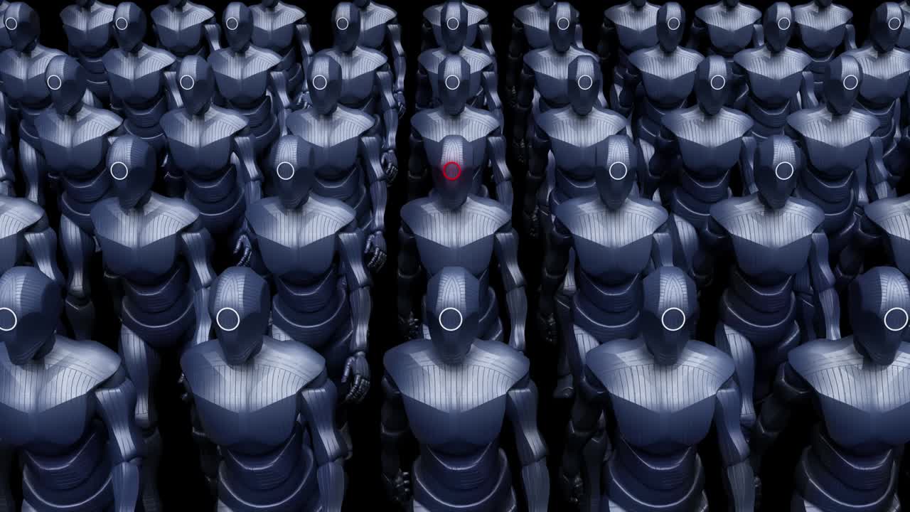 el ejército de robots cyborg súper poderosos marcha lentamente, listo para la guerra.