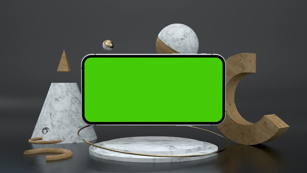 schermo verde chiaro smartphone per la presentazione e business blog app di gioco. stile astratto chroma key display per la pubblicità mock up. 3d animazione oggetti d'arte e telefono schermo verde sfondo nessuno
