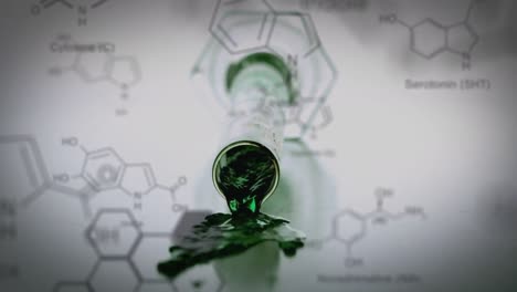 test tube falling with data and structural formula of chemical compounds in the foreground