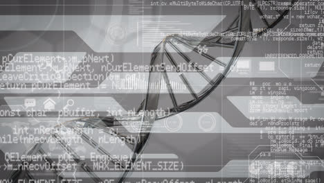 Estructura-De-ADN-Girando-Sobre-Interfaz-Digital-Con-Procesamiento-De-Datos-Sobre-Fondo-Gris.