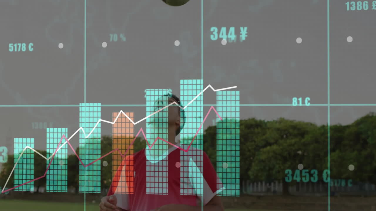 Man wearing red shirt gazing upward in field, displaying animated finance charts, currency symbols