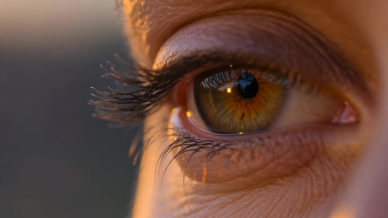 Occhio umano che si apre reagendo al tramonto, rivelando l'iride, la cornea che riflette il sole, una lacrima sulla palpebra inferiore.